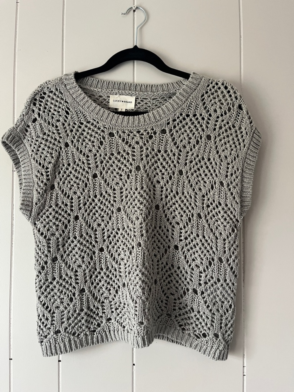 Lucky Brand Open-Knit Short Sleeve Sweater in Light Gray